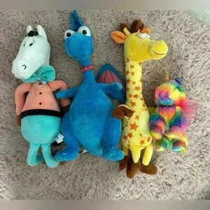Set of 4 Plush Stuffed Animals Dragon Giraffe Horse Rainbow Unicorn